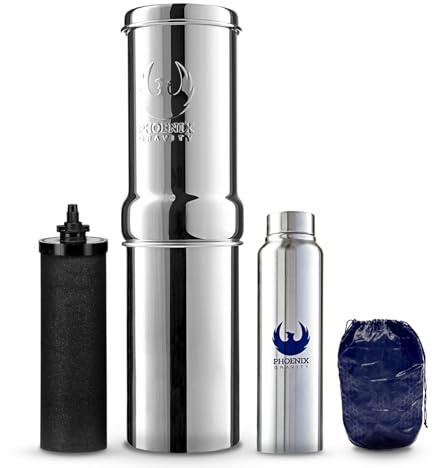 PHOENIX GRAVITY 1-Liter Gravity Water Filter System NSF/ANSI 42 & 372 Certified with 1 Smart (Black) Carbon Filter Cartridge & Water Bottle | Travel Friendly Camping, Home or Outdoor Use