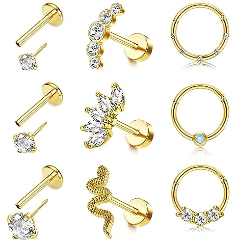JeryWe 16G 9pcs Boucles d'oreilles Piercing Set pour Femme Helix Tragus Cartilage Cerchio Piercing Acier Inoxydable CZ Opal Nez Studs Labret Lip Nez Méduse Madonna Piercing Bijoux ARGENT
