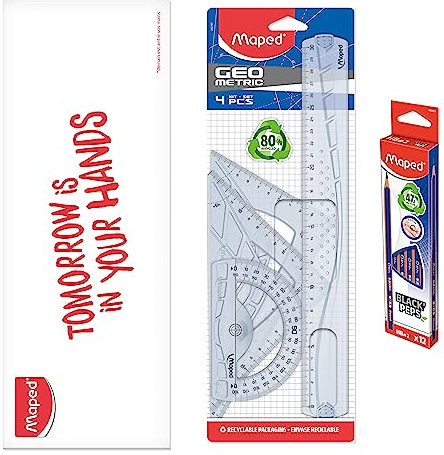 Maped - Kit Géométrie 4 pcs + 12 Crayons à Papier Navy - Règle 30 cm + Équerre Scolaire 60°/21 cm + Équerre Scolaire 45°/21 cm + Rapporteur 180° / 12 cm - Set de Traçage Rigide Transparent