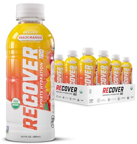 RECOVER 180 Organic Sports Hydration Drink, No Sugar Added, 20 Calorie Sports Beverage, Organic Flavors With Vitamins, Potassium-Packed Electrolytes (16.9 Fl Oz (Pack of 12), Peach Mango)