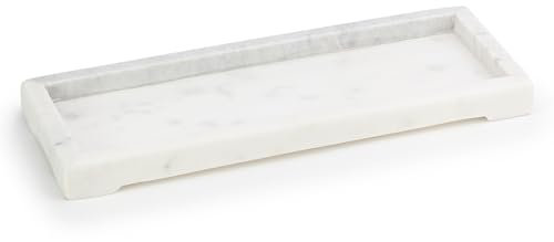 EHC Natural Marble Bathroom Vanity Tray - Rectangular, White, 28x10x2.5 cm - Decorative Countertop Sink Storage Organiser for Cosmetic, Perfume, Home Decor
