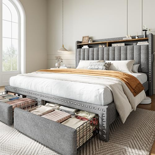 EnHomee Bed Frame Queen Size with 2 Drawer & 2-Tier Storage Headboard Shelf