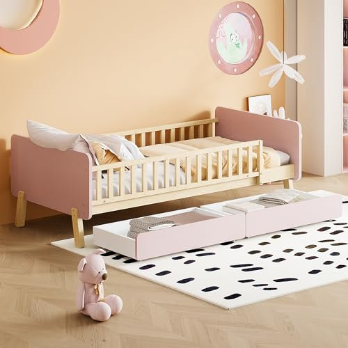 Zravenna Bodenbett Kinderbett 90x190 cm mit ausfallschutz, Holzbett Bettgestell mit Lattenrost und Schubladen, Kinder Bett für Jungen und Mädchen (Rosa)