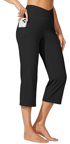 WILLIT Pantalones capri de yoga para mujer, pierna recta, elásticos, pantalones de trabajo cruzados, elegantes, cintura alta, con bolsillos, yoga, entrenamiento casual, Negro , L