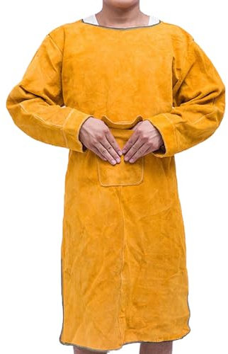 Leather Welder Apron with Tool Pocket Adjustable Welding Protective Working Gear Anti-Flame Long Coat for Woodworking(Low Collar)