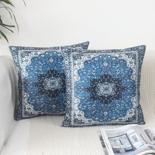 OYIMUA Kissenbezug Boho 40x40 2er Set Kissenbezüge Blau Weich Samtkissen Deko Couchkissen Kissenhülle Quadratisch Sofakissen Vintage Abstrakte Kissen Aesthetic Deko Wohnzimmer Modern Dekokissen
