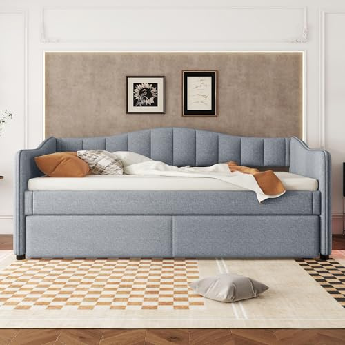 Moimhear Lettino da giorno 90 x 200 cm con letto estraibile, divano letto, letto singolo (senza materasso), design della luce ambientale, lino, stile minimalista (grigio)