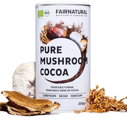 FAIRNATURAL® Pilz Kakaopulver Vegan [SCHOKOLADEN GESCHMACK] - Mushroom Powder Komplex Hochdosiert - Pilzkaffe - Mushroom Coffee - Vitalpilze Kakao aus Reishi Extrakt, Hericium & Chaga Pilz (200g)