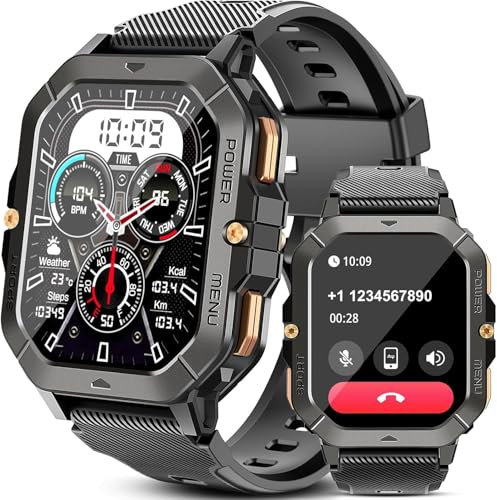 Bambooinn C28 Reloj inteligente para hombre, resistente al agua 5 ATM, 2,02 pulgadas, HD, reloj militar para hombre con presión arterial, reloj inteligente deportivo con frecuencia cardíaca, monitor