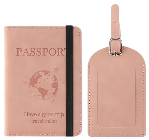 Greyoe Reisepasshülle, Reisepass Organizer, Passport Cover, PU-Leder Reisepass Hülle + Kofferanhänger, für Damen und Herren Urlaub Zubehör Travel Essentials (Rosa C, 1)