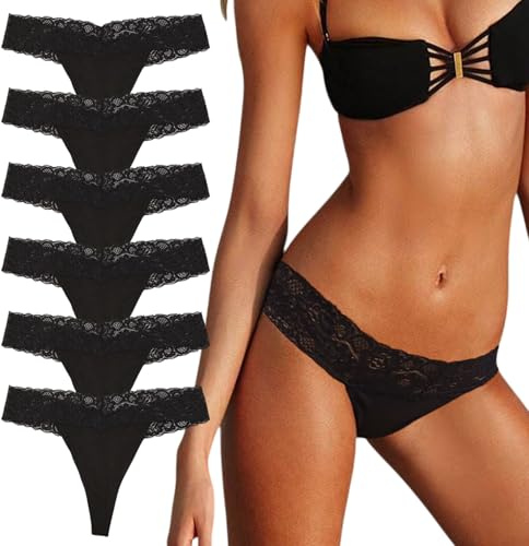 UILYNIU 6 Pcs Seamless Women Thong Underwear, T Back Low Waist Seamless Panties, Sexy Ladies Panties Hipster, (UK, Alpha, One Size, Regular, Regular, Black)