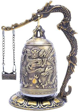 Bronze Dragon Bell Ornament with Hanging Striker Feng Shui Desktop Statue | Vintage Lucky Wealth Figurine for Living Room Study Office Decor Brings Positive Energy Good Fortune Spiritual Gift 12.5x7cm