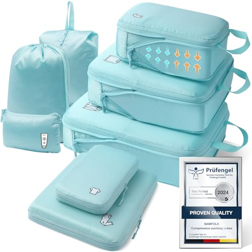 Lot de 8 cubes d'emballage de compression pour sac à dos, valise, sacs de rangement imperméables pour sac à dos, sacs de rangement essentiels de voyage (bleu clair)