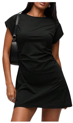 GORGLITTER Women's A Line Flared Ruched Mini Dress Cap Sleeve Crewneck Elegant Short Dresses Black Medium