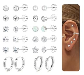 MOGASA 12 Pairs Hypoallergenic Surgical Steel Flat Back Earrings for Women Men Small Silver Studs Hoops Earrings Set Helix Cartilage Tragus Earring Set for Multiple Piercings