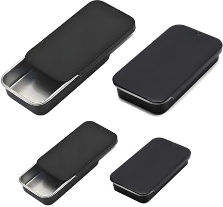Forever bene 4 Pack Large Metal Slide Top Tin Boxes, Push Pull Metal Box,Black Empty Containers for Bird Training Rewards, Survival Kit & Crafts Organiser