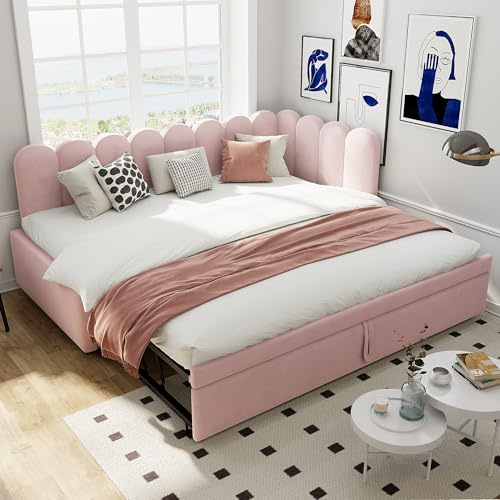 Arhatreya Bäddsoffa 90/180 x 200 cm, L-form soffa med utdragssäng, bäddsoffa med ribbotten, barnsäng dagsäng för gästernas sovrum (utan madrass) sammetstyg Rosa