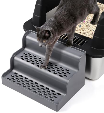 Bartuke Rampe de litière pour Chat à 3 marches avec Fonction filtrante, Plateau Amovible, Lavable et Facile à Nettoyer, pédale de Filtre pour Chatons et Chats âgés (Gris foncé)