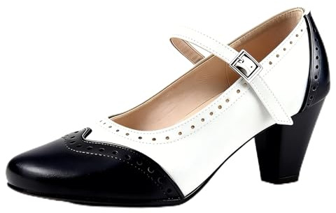PIVAPAM Women's Chunky High Heels 1920s Wingtip Oxfords Retro Pumps Heels 1950s Vintage Black and White Two Tone Saddle Oxford Shoes