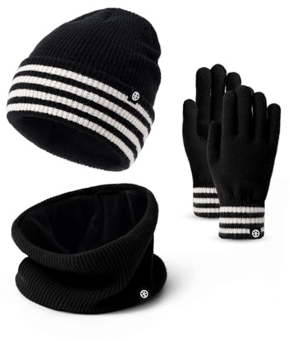 Baynetin Cappello Sciarpa Guanti Touch Screen 3 in 1 Set, Unisex Berretto in Maglia a Fodera Spazzolata Cappelli Morbido Scaldacollo Guanti Touch Screen per Sport All'aria aperta (Nero)