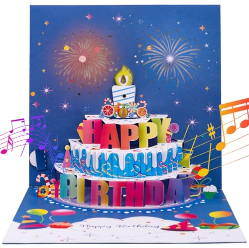 BTFO Carte d'Anniversaire Pop-Up 3D, Carte de Vœux Musicale à LED Colorées avec Feu d'Artifice Créatif et Bougie à Souffler pour Femmes Hommes Famille et Amis