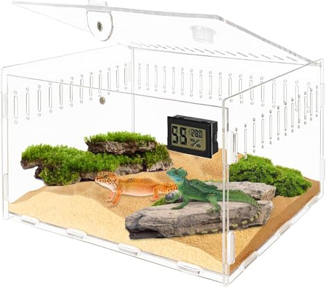 Caja de terrario para reptiles, terrario de caracoles, 30 x 20 x 15 reptiles, caja de alimentación para reptiles, caja de transporte, caja de acrílico con higrómetro