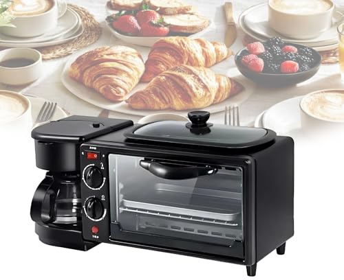 Multifunktionell Frukostmaskin 4-I-1 Med Mini Ugn 7L, Grillpanna Non-stick, Kaffebryggare Och Brödrost, Kompakt Apparat För Små Kök