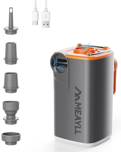 Bomba de Aire eléctrica Recargable 3000 mAh, Mini inflador 4,5 kPa 280 L/min USB-C con función de inflado y desinflado, luz LED, 5 boquillas para colchón Inflable, Flotador, Bolsas de vacío, Camping