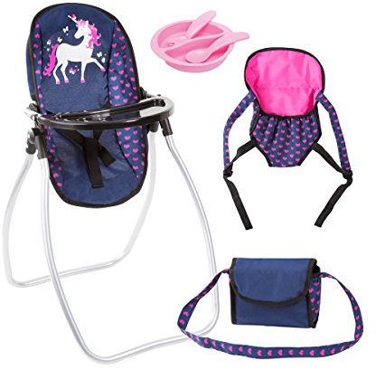 Bayer Design Vario Set 9 in 1 Einhorn mit Hochstuhl, Tasche, Trage, Teller, Gabel, Löffel, Puppenzubehör