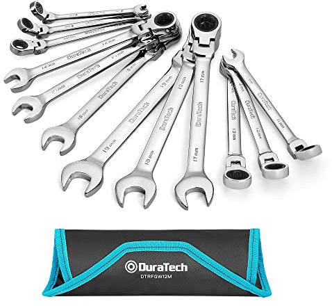 DURATECH Gelenk-Ratschenschlüssel Set, 12-teilig, 8-19 mm, Gabelschlüssel Ringmaulschlüssel Ring-Satz, mit 72 Zähnen, 5° Schwenkbereich, Chrom-Vanadium-Stahl, inkl. Rolltasche