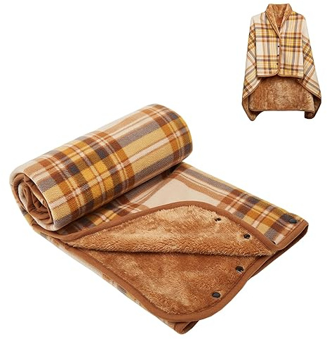 SIVENKE Damen Poncho Fleece Tragbare Decke, Karierte Schoßdecke Bequemer Poncho Plüschdecken Überwurf Schal Wickelbezug Umhang mit Knöpfen für Bett Sofa Büro