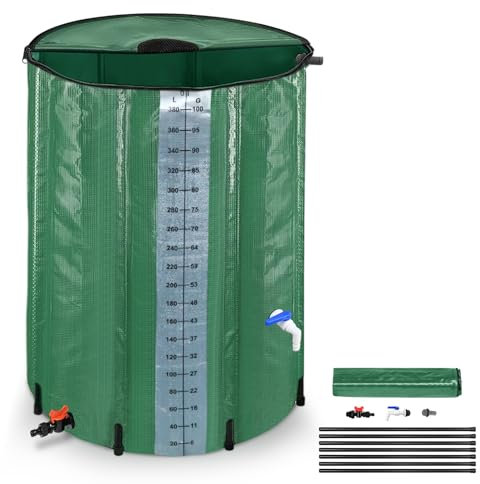 LZQ Regentonne Faltbar mit Wasserstandsskala, 380L Tragbarer Wasserauffangbehälter Regenwassertank, Regenwassertonne Wassertank mit Wasserhahn und Ablauf, Regentank Regenfass, Grün