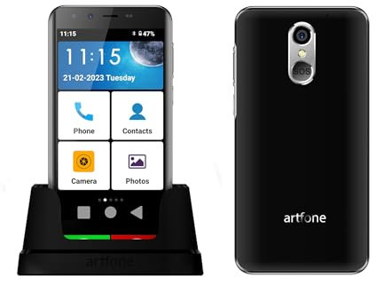 Teléfono Móvil para Personas Mayores 4G, Smartphone Artfone Smart_500, Senior, Botón SOS, Iconos Grandes, Base de Carga, Modo Sencillo, Volumen Alto, Batería de 2550 mAh, Pantalla HD (Smart 500 Negro)