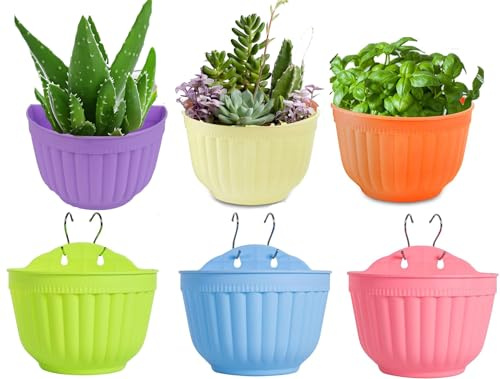 Aeetial 6 Packs Creative Half Round Wall Hanging Planters,Plastic Hanging Flower Pots for Railing Fence - Indoor Outdoor Balcony Wall Hanging Basket, Plant Pot Container (6 Colors)