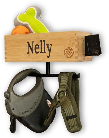 VELONT Hundegarderobe mit Ablage Personalisiert - Größe L - Perfekter Leinenparkplatz - Bambus - Dogstation für Leinen & Zubehör - Inkl. Kotbeutelspender und Montagekit - Deutsche Marke -Startup