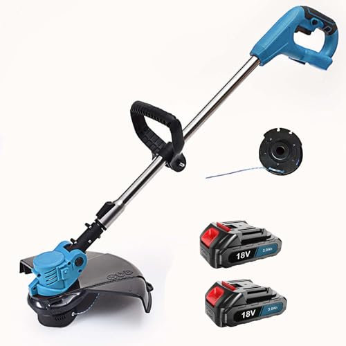 18V Akku Rasentrimmer, mit 2 x 3.0Ah Akku und Ladegerät, 90° drehbarer Trimmerkopf,Teleskop-Stiel & Zusatzhandgriff, mit Schnur, für Garden, Trimmen