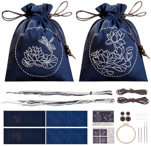 WEBEEDY 2 Ensemble de Kits de Sac à Cordon Brodé DIY Kit Sashiko avec Accessoires de Matériaux Complets Kit de Sac de Couture au Point de Croix pour Débutant, Motif de Fleur de Lotus