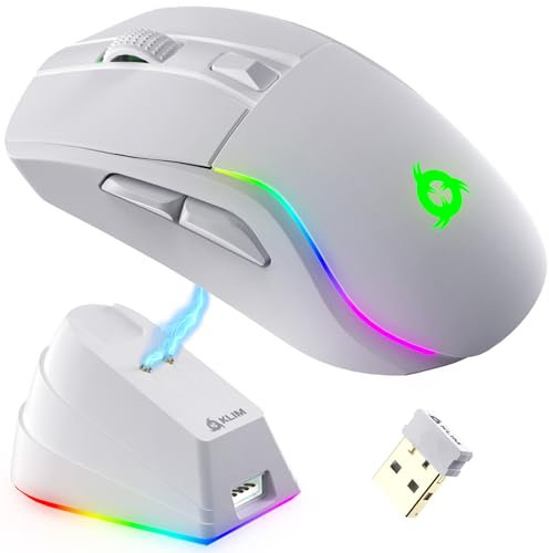 KLIM Blaze Y – Ratón inalámbrico RGB Recargable con estación de Carga – Novedad – Sensor de Alta precisión con batería de Larga duración – hasta 6000 dpi – Ratón inalámbrico con Cable - Blanco