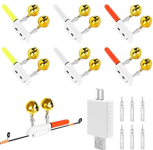 OneNine Bissanzeiger Angeln, 6 Stück Angeln Alarm Glocke mit Ladegerät, Led Knicklicht Angeln, Glow Sticks Fishing, Electronic Bite Alarm Fishing, Knicklicht Angelzubehör