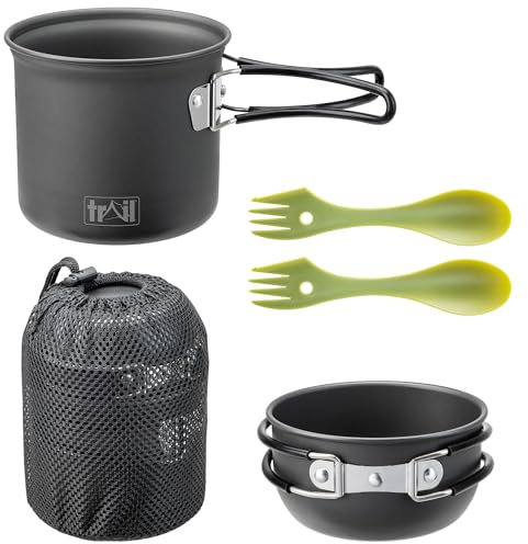 Trail Camping Cookware Set, 1-2 Person Outdoor Hiking Camp Cooking Kit, Non Stick Hard Anodised Aluminium, 400ml & 900ml Cook Pots/Bowls, 2 x PP Sporks, Lightweight Portable Stackable with Mesh Bag