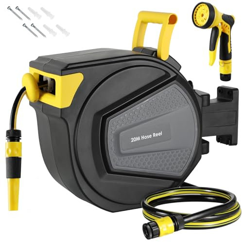 Schlauchtrommel mit Gartenschlauch 20m, Schlauchaufroller zur Wandmontage, 180° Schwenkbar & Automatische Aufrollung, Wand Schlauchbox inkl. 9-Funktionen Handbrause, für Bewässerung, Autowäsche