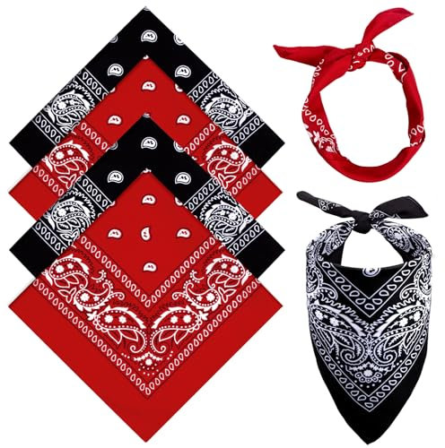 MELLIEX 4 Stück Bandana Kopftuch Damen und Herren, Paisley Halstuch Dreickstuch Schal Pirat Cowboy Tuch Nickitücher, 54 x 54 cm - Schwarz, Rot