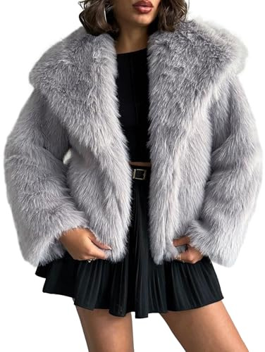 Abrigo de Piel sintética para Mujer Chaqueta de Piel sintética esponjosa Chaquetas de Invierno peludas de Solapa de Manga Larga Abrigo Corto de Parka Peluda (Gris Ceniza,M)