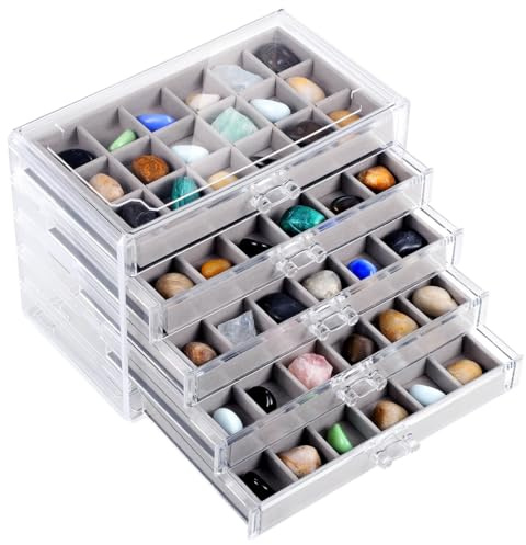 Rock Vitrine de 90 compartiments, boîte de collection en acrylique transparent avec inserts en velours amovibles, 5 tiroirs de rangement pour pierres précieuses, boîte à ombres en cristal pour bijoux