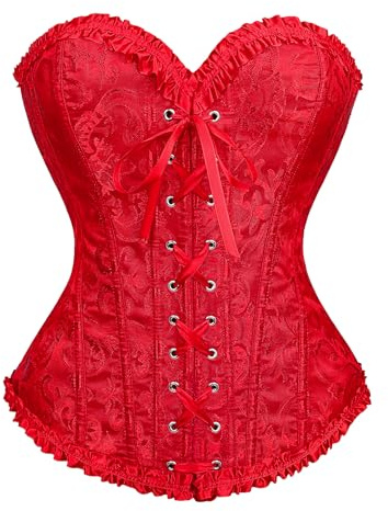 LEACOOLKEY Corpetto Corsetto per Donna con Lacci e Stecche Bustier Floreale Overbust per Costume Halloween,Rosso,XXL