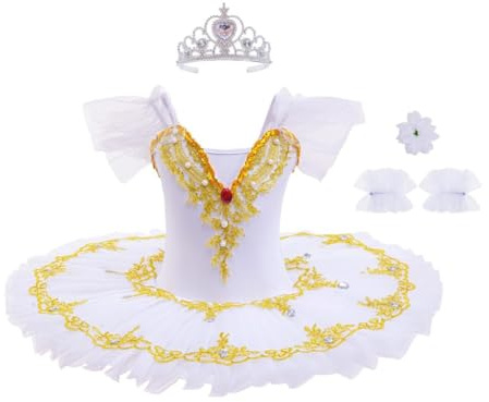 Lito Angels Abito tutù da Balletto per Bambina, Costume da Ballerina con Applicazioni Dorate e Strass, Perfetto per Spettacoli, Danza, Feste e Scuola, 2-3 Anni Taglia 98 Bianco