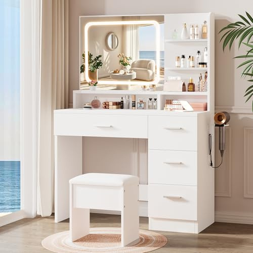 LIVELYGLOW Makeup Vanity Desk with Smart LED Mirror, Dressing Table with Power Outlet & Hairdryer Rack, 4 Drawers & Open Shelves, Cushioned Stool Included, 90x40x135cm, White