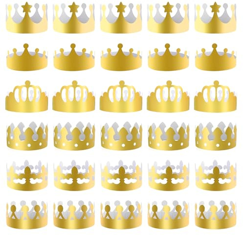 30 Pieza Coronas de Papel Doradas,Sombrero de Papel Dorado Ajustable Corona