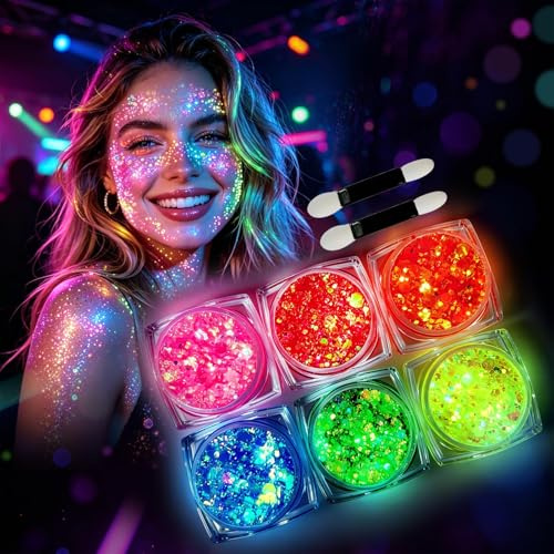 Sularpek Festival glitter ansikte set 6 färger glitterpulver ansikte glitter kropp glitter nattljus smink självhäftande vattentät för karneval halloween party makeup