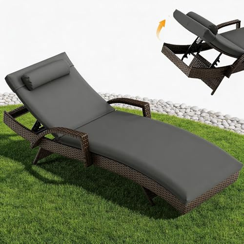UDPATIO Tumbona de Ratán PE Plegable con Cojín y Reposacabezas, Reclinable Tumbona de Jardín con Respaldo Regulable 5 Posiciones, Capacidad 160kg, para Patio Terraza, 190x60x90cm, Marrón